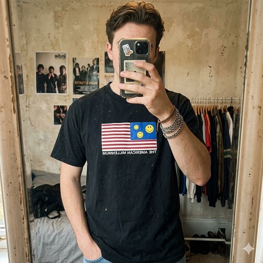 Vintage Oneita The American Millennium Smiley‎ Face Flag Black T-Shirt Large